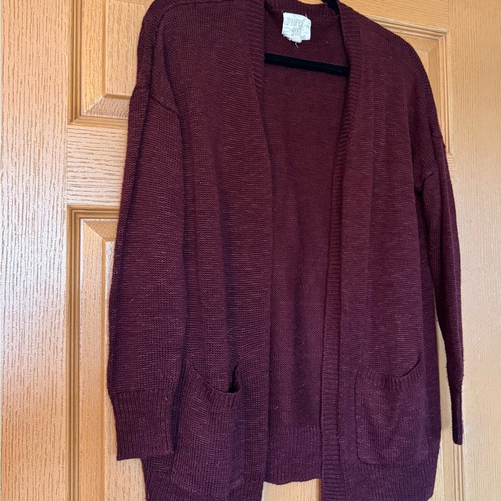 Hippie Rose Open-Front Wine Cardigan with Pockets